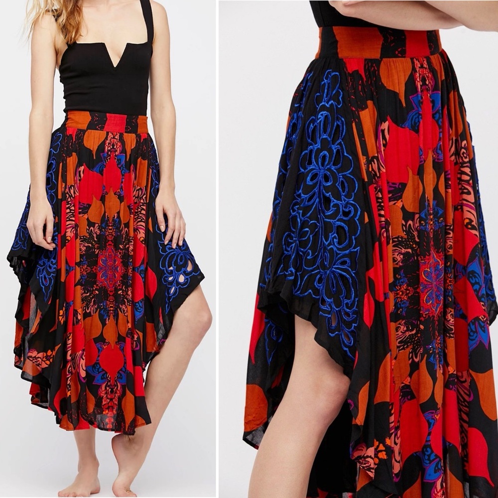 FREE PEOPLE RARE VINTAGE BALI LIGHTS BEAM BLACK HI LOW BOHO MIDI MAXI SKIRT 4 6
